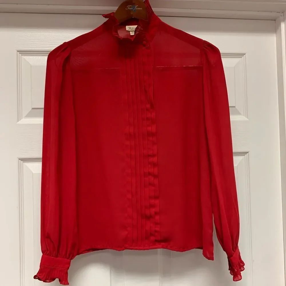 Vintage Nicola Red Ruffle Neck & Trim Blouse sz 8 EUC